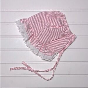 CUSTOM MADE EUC Pink Seersucker Lace Baby Girl Bonnet